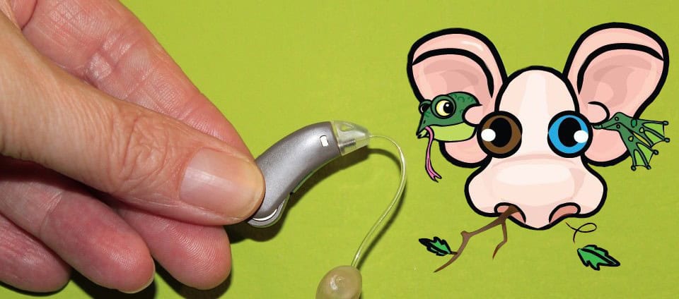 Hearing aid with playful cartoon elephant character teaching children about ear safety and hearing protection.