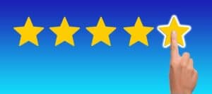 Five-star rating icons representing child safety and positive reviews for "Don't Stick Don't Stuff" kids' safety book, emphasizing quality and educational value.