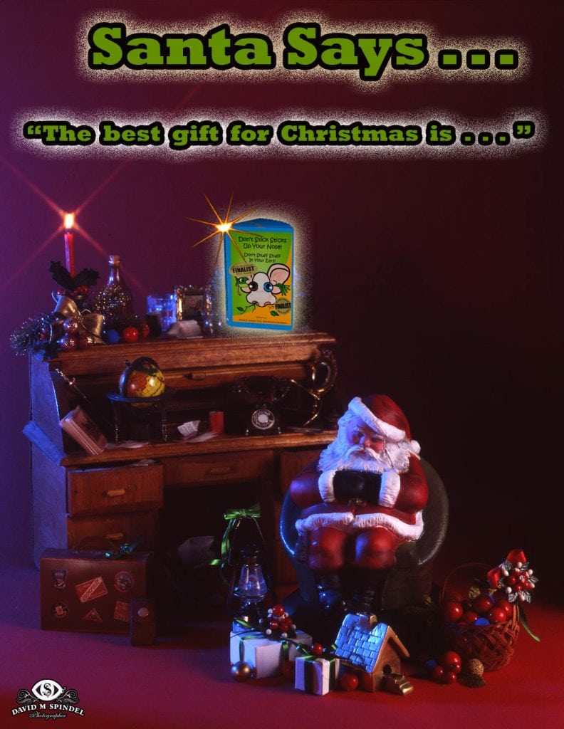 Santa Claus sitting with a smartphone surrounded by Christmas decorations and gifts, promoting holiday safety and awareness for kids' safety, inspired by the "Don't Stick Don't Stuff" safety book.