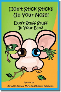 A vibrant children's book cover with a cartoon elephant, emphasizing safety tips to avoid sticking objects in the nose and ears, ideal for parents and educators teaching kid safety.